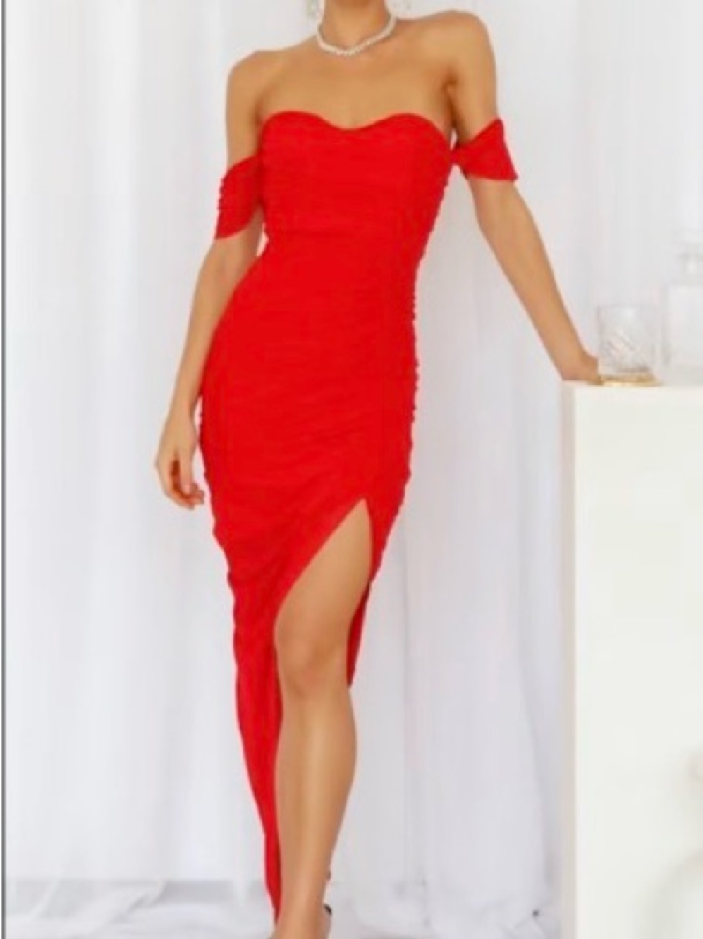 Hello Molly Off-Shoulder Red Ruched Midi Dress with Thigh Slit